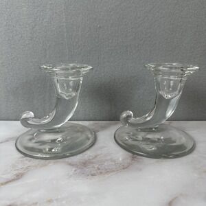 Vintage 4" Clear Glass Cornacopia Horn Candlestick Set Of 2 glass candle holder